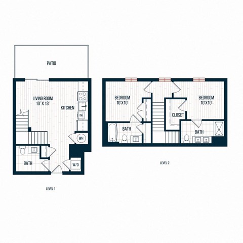 Floor plan for 2 beds, 2.5 baths, 1127 sqft